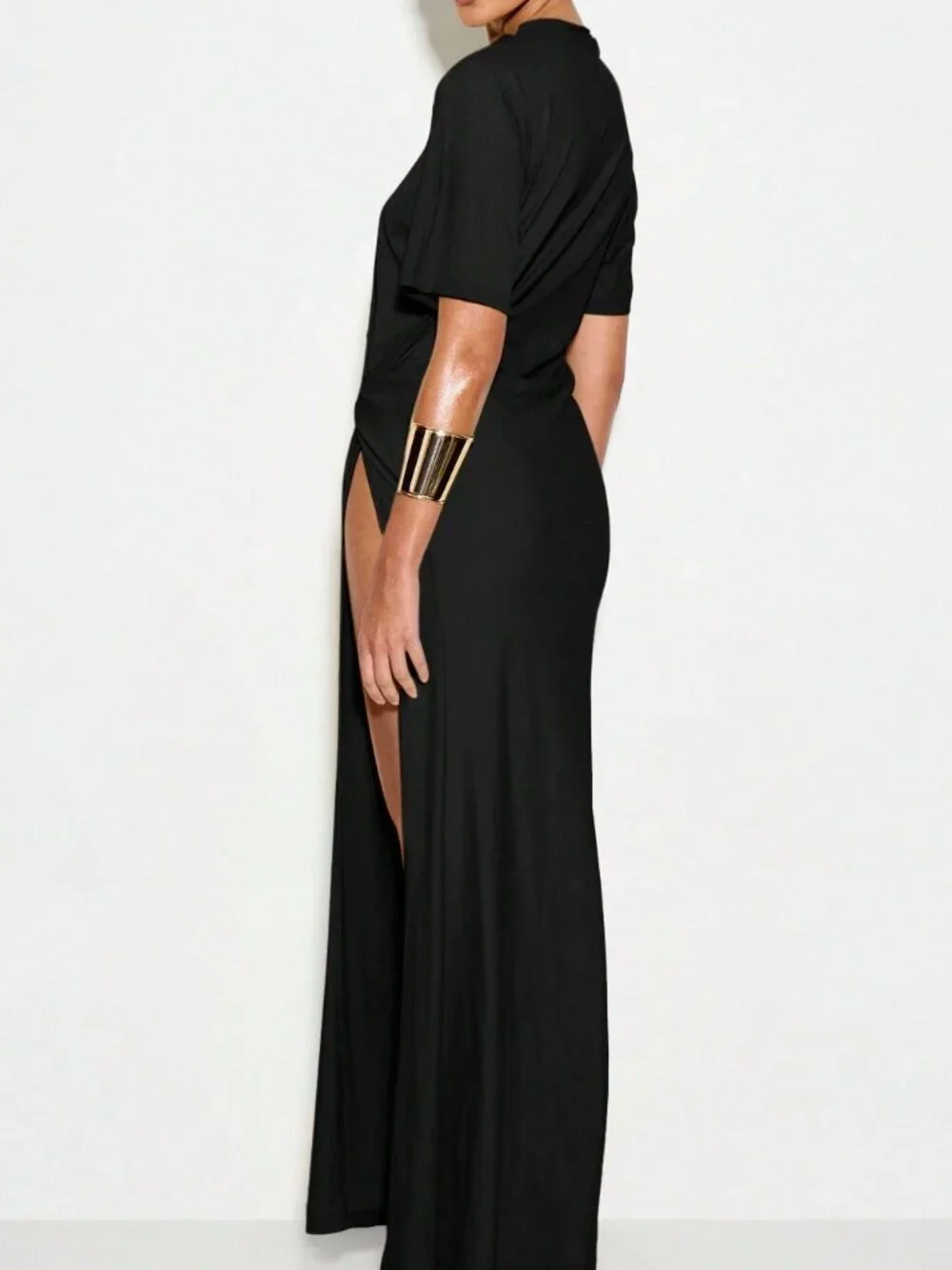 Black Elegant Evening Women's Thigh Split Pull-Through Detail Maxi Dress